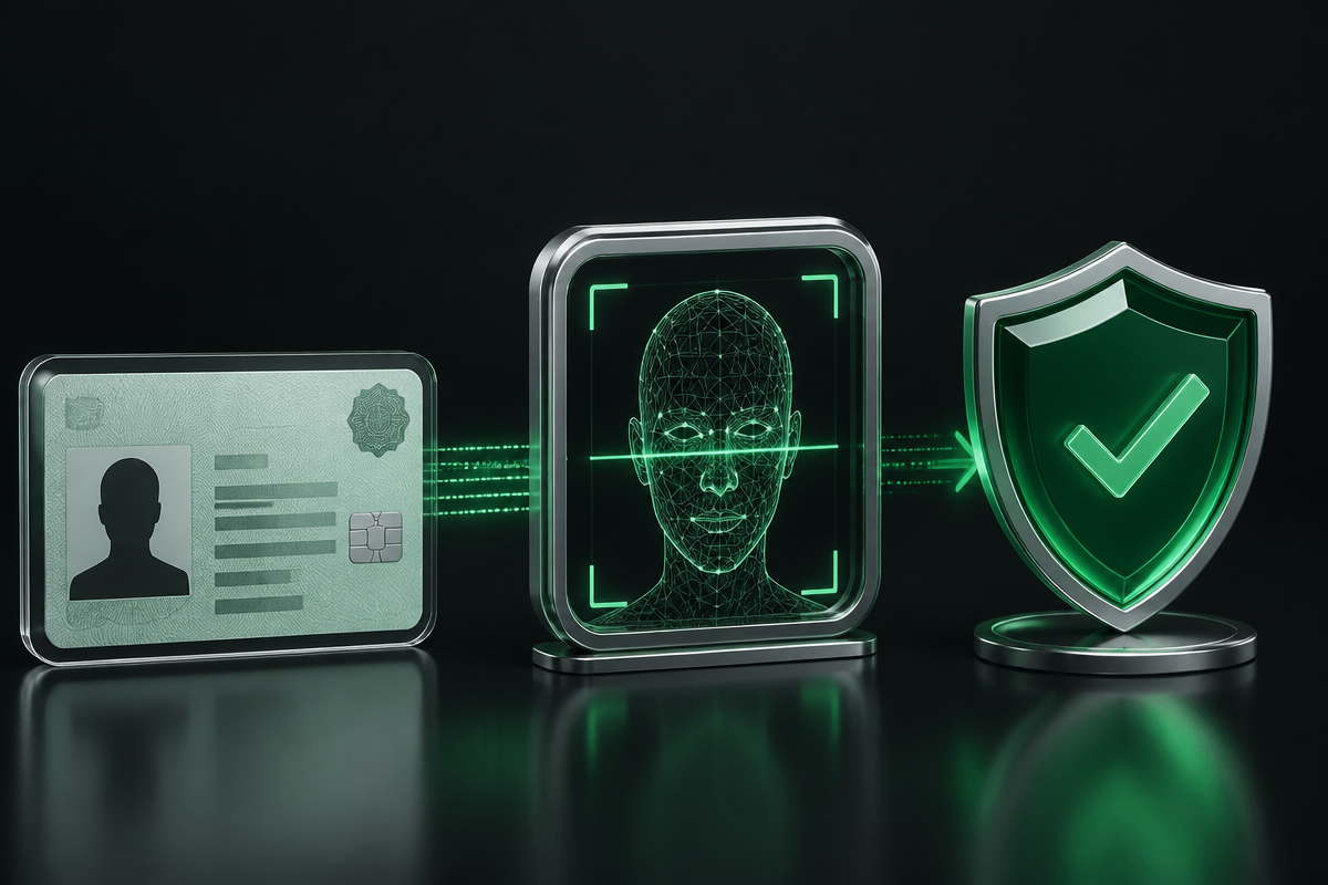 3D KYC process showing document, biometric scan and identity approval