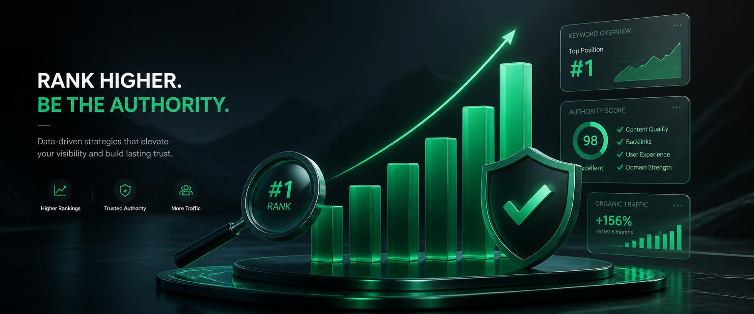 Search ranking authority growth chart with trust shield